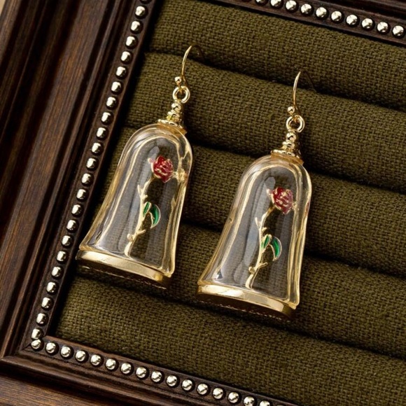 Belle Beauty & the Beast Wicked Magic Rose in Glass Vase Drop Dangle Earrings - Picture 1 of 7